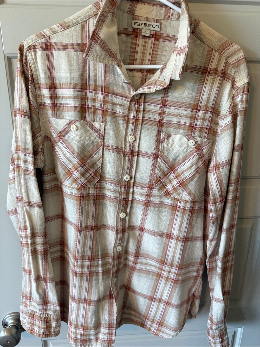 FRYE AND CO. Cream and Rust Plaid Button-Down Shirt